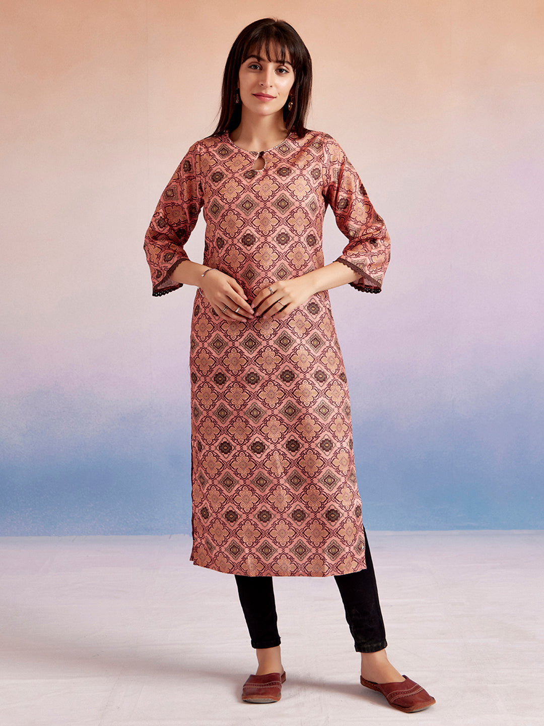 Moroccan Printed Peach Straight Kurta