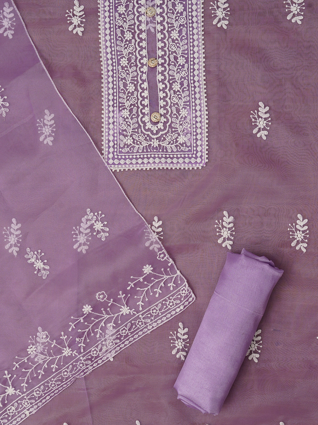 Light Purple Unstitched Embroidered Organza Dress Material With Dupatta