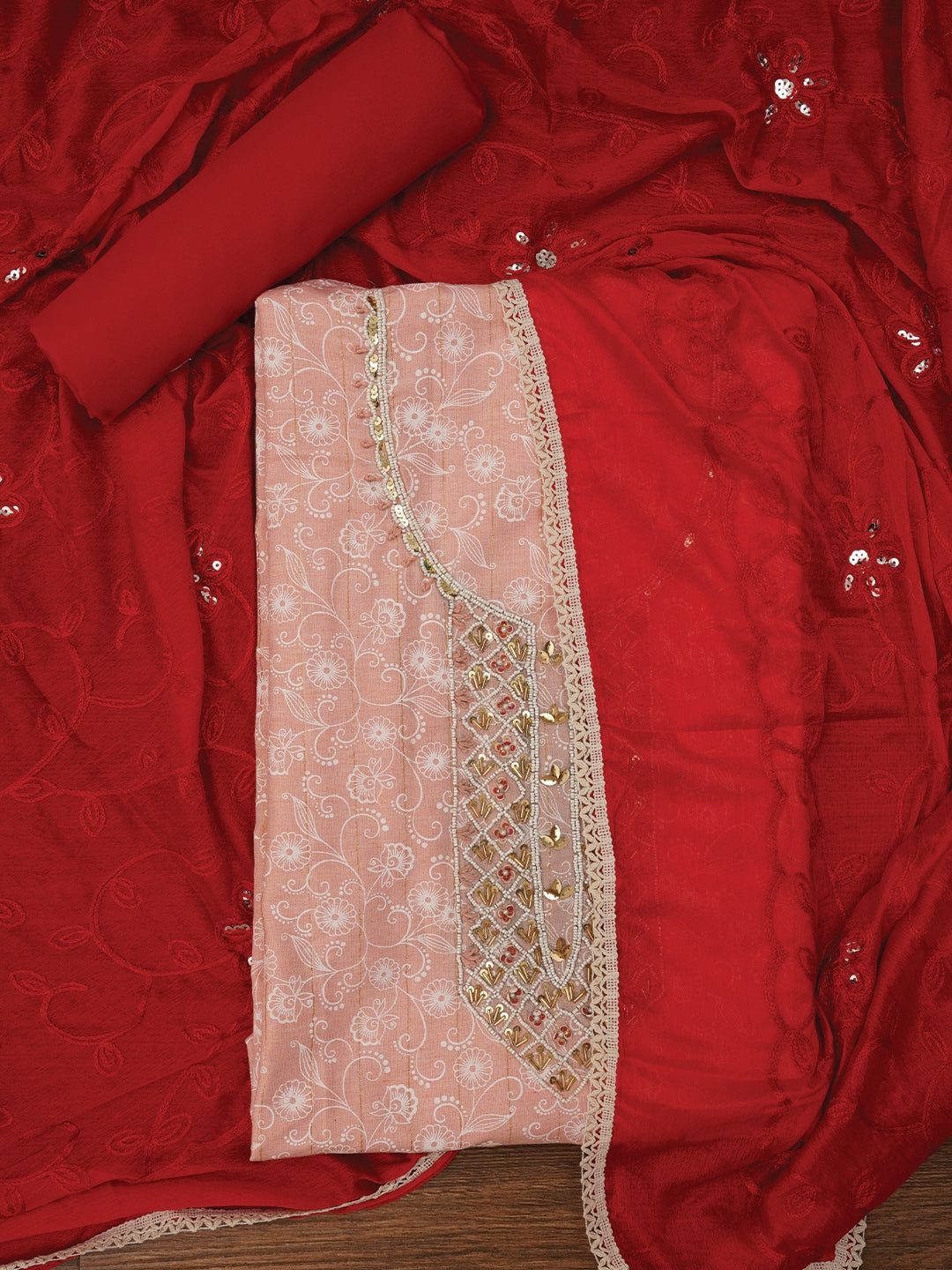 Peach Embellished Cotton Blend Dress Material with Dupatta