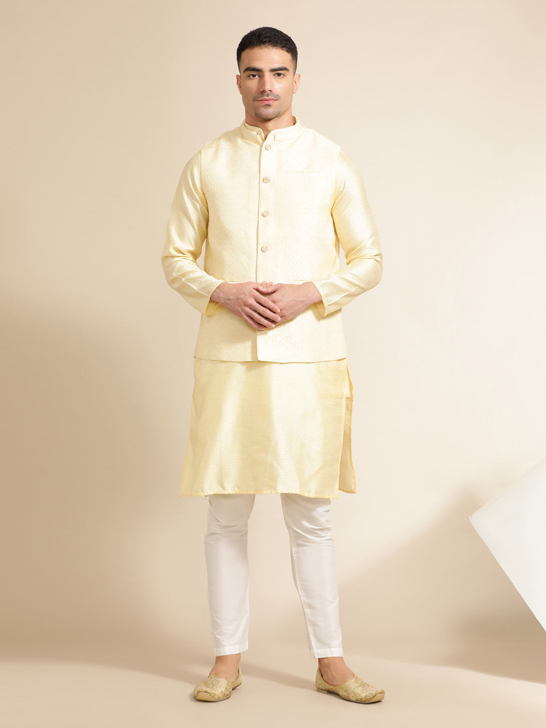 Beige Silk Blend Kurta With Woven Design Nehru Jacket Set