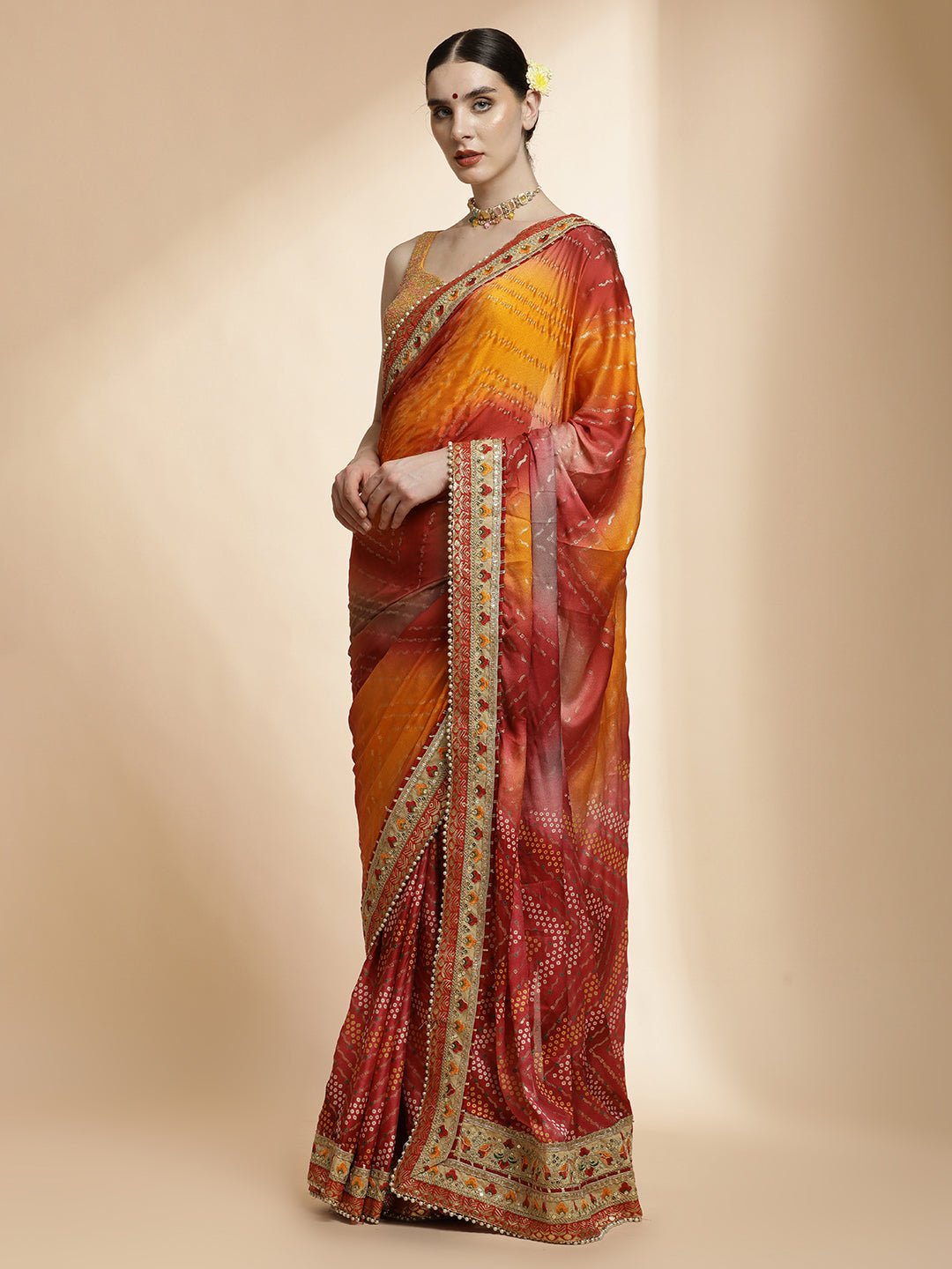 Traditional Bandhani Embroidered Yellow Pure Georgette Saree