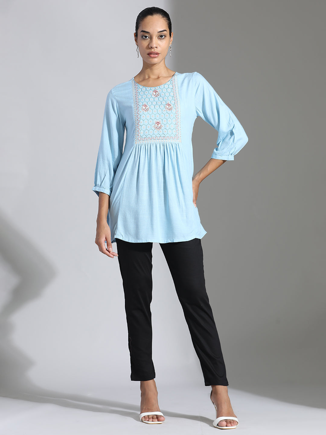 Light Blue Embroidered Party Wear A-line Top