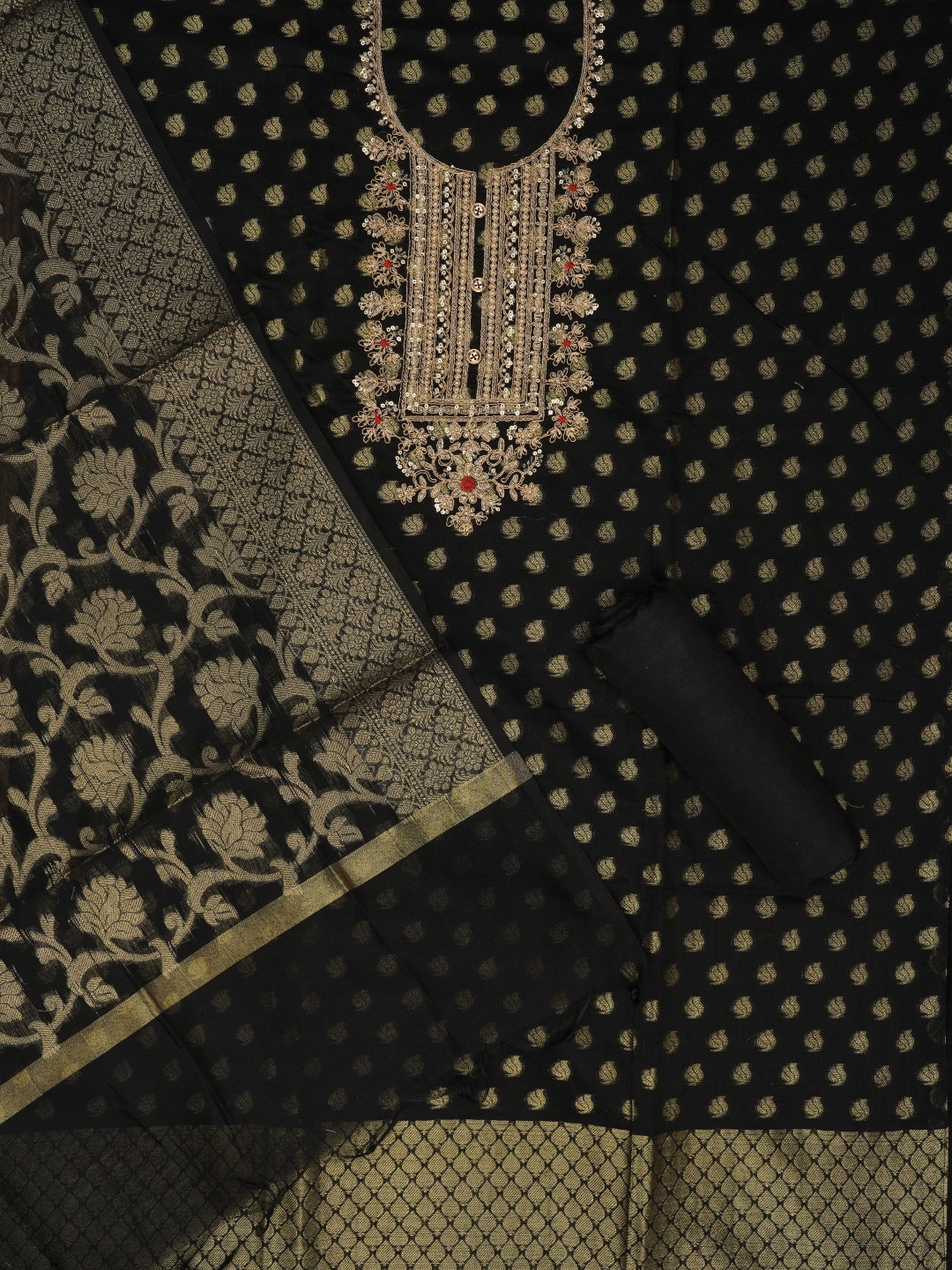 Black Zari Silk Blend Embellished Dress Material with Dupatta