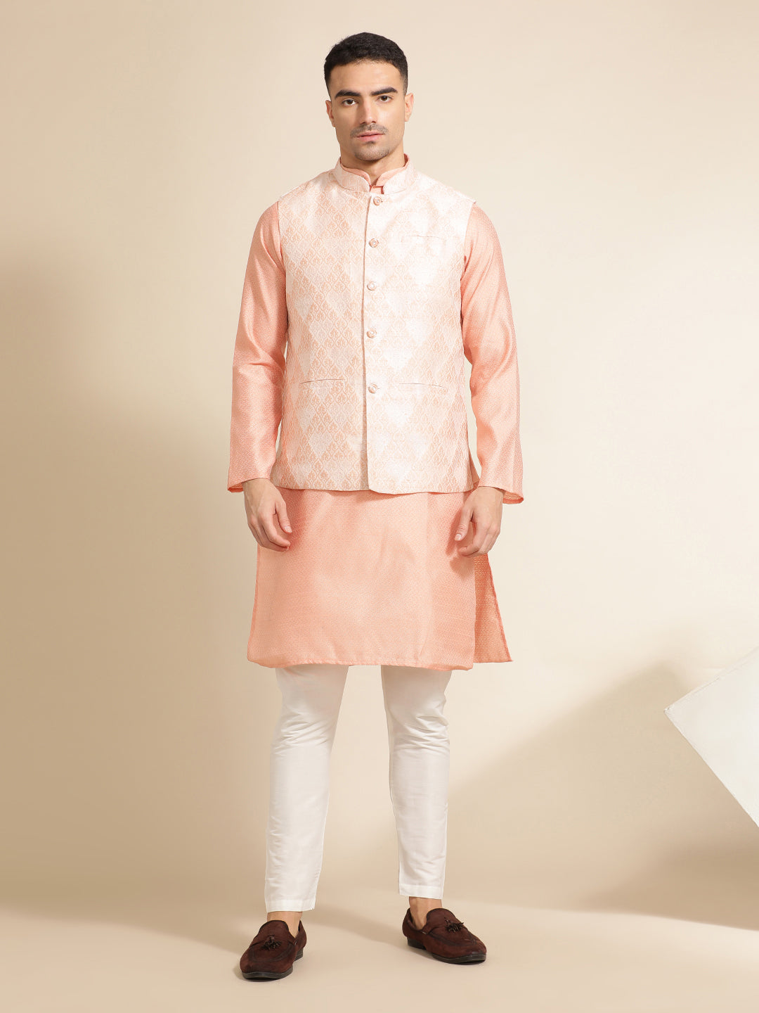 Peach Festive Kurta With Printed Nehru Jacket Set