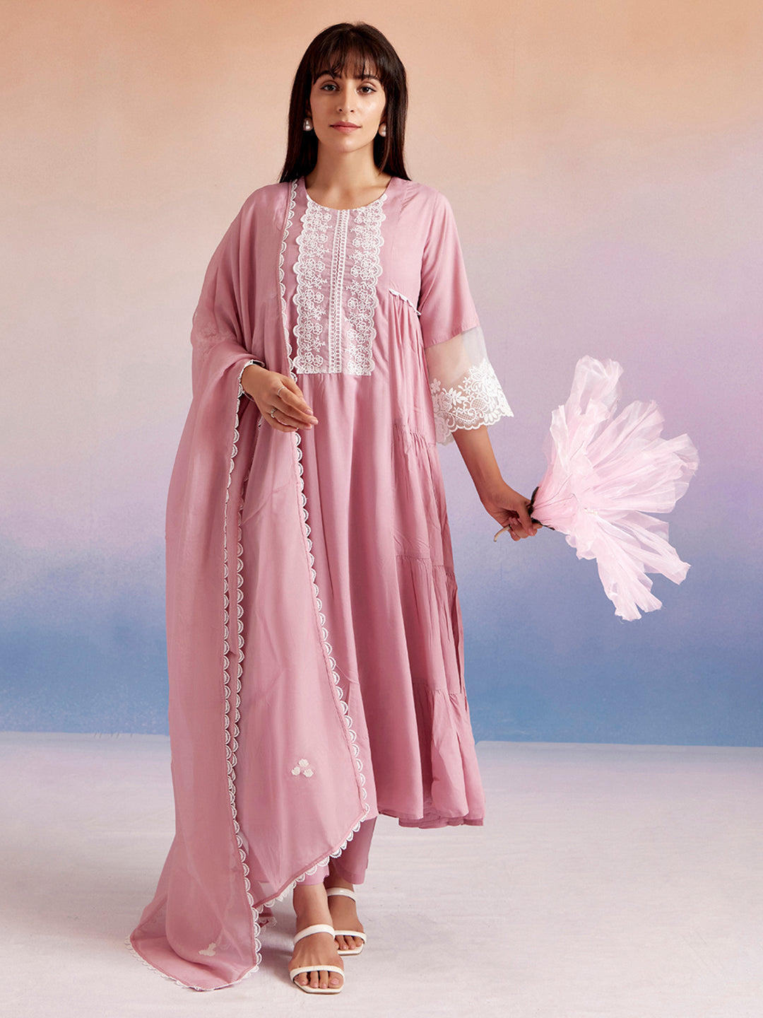 Lavender Embroidered Tiered Festive Kurta Set With Dupatta