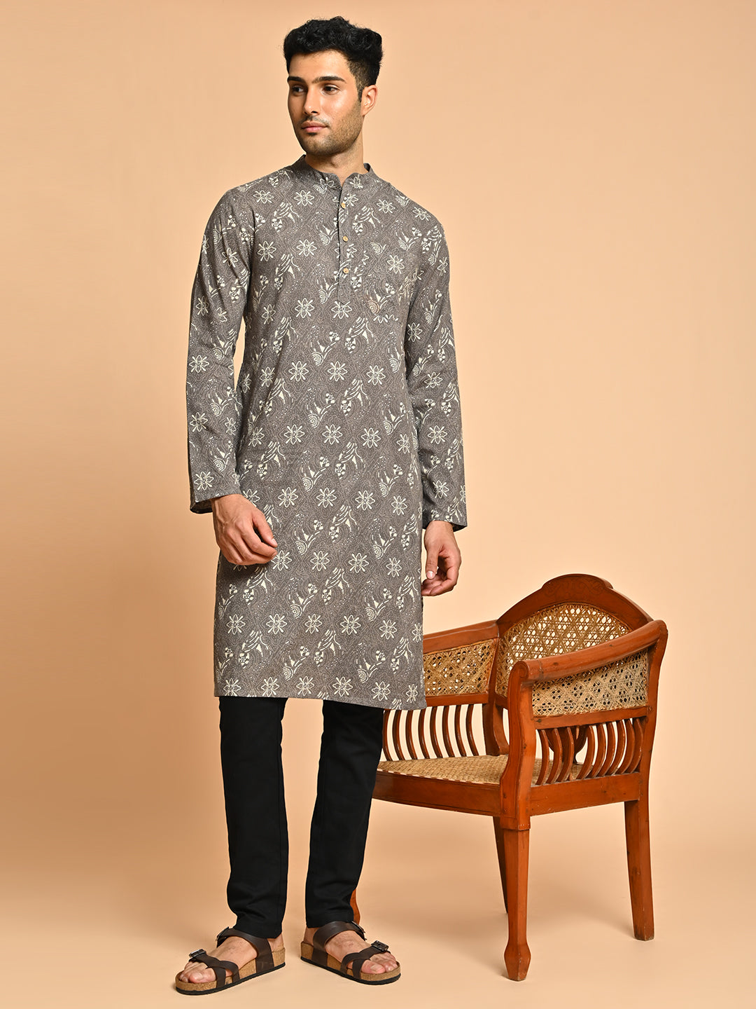 Brown Ethnic Block Printed Cotton Kurta