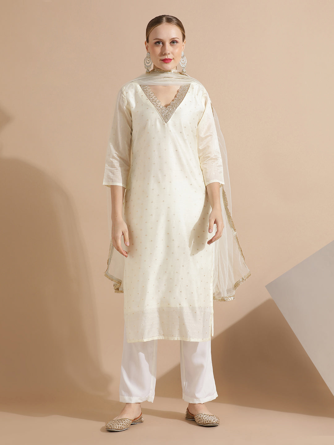 Off White Chanderi Woven Festive Kurta Set With Dupatta