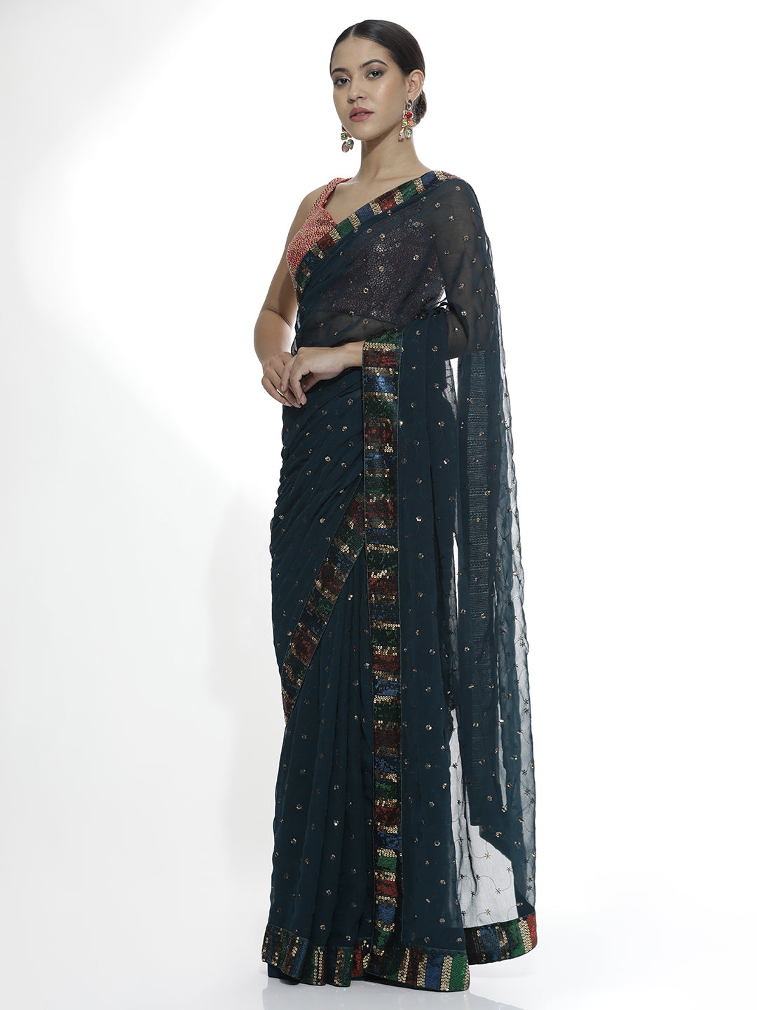 Party Wear Sequin Work Teal Georgette Saree