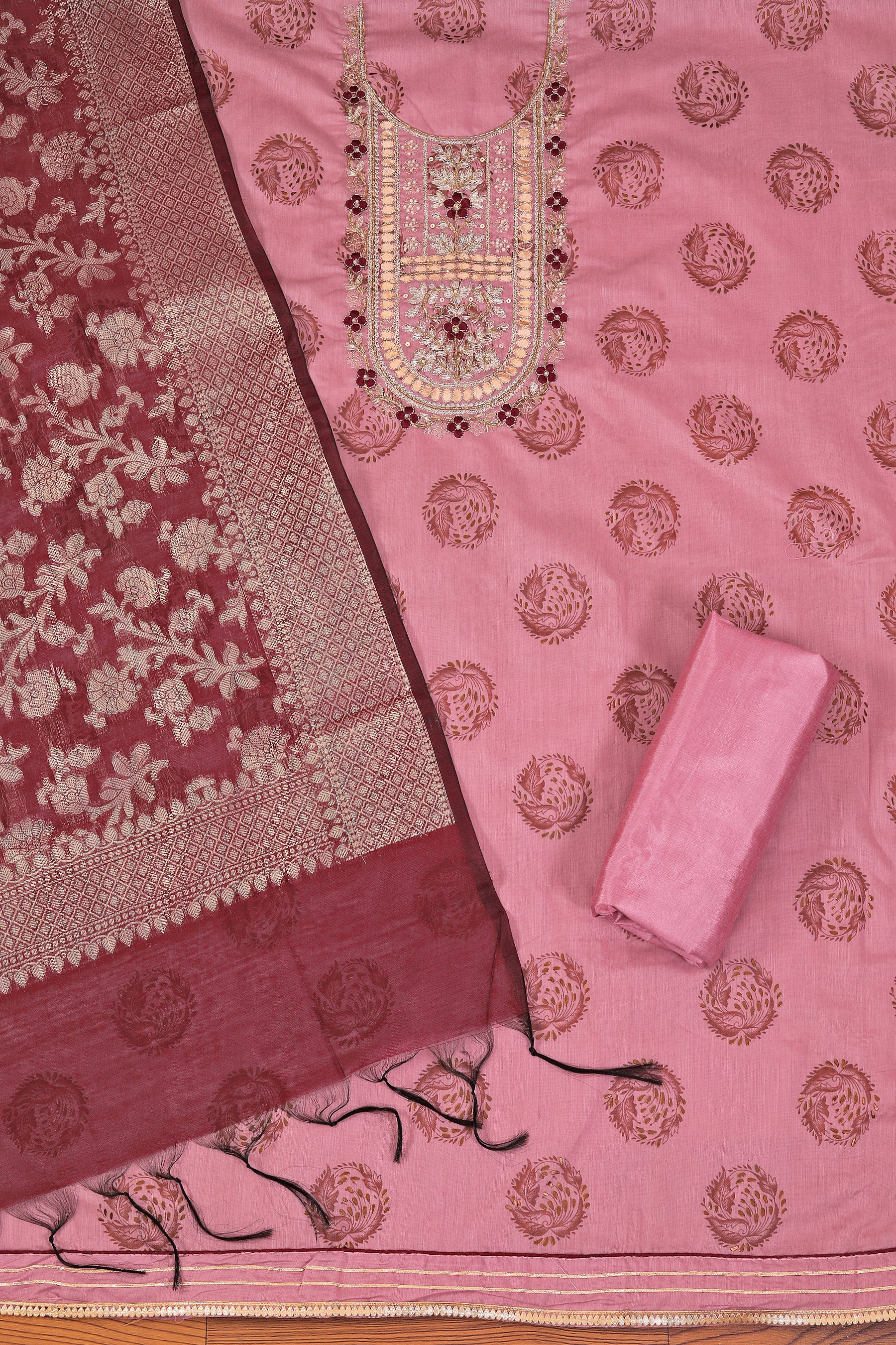 Pink Unstitched Floral Printed Gota Patti Dress Material With Dupatta