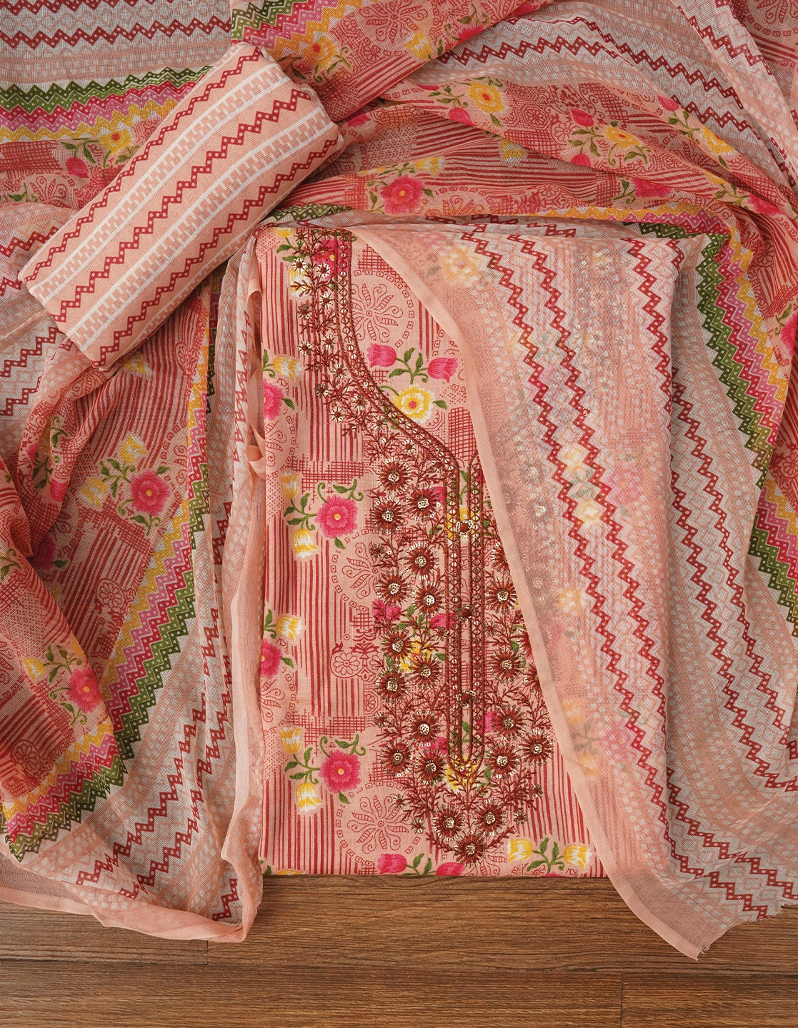 Pink Unstitched Embroidered Cotton Dress Material With Dupatta