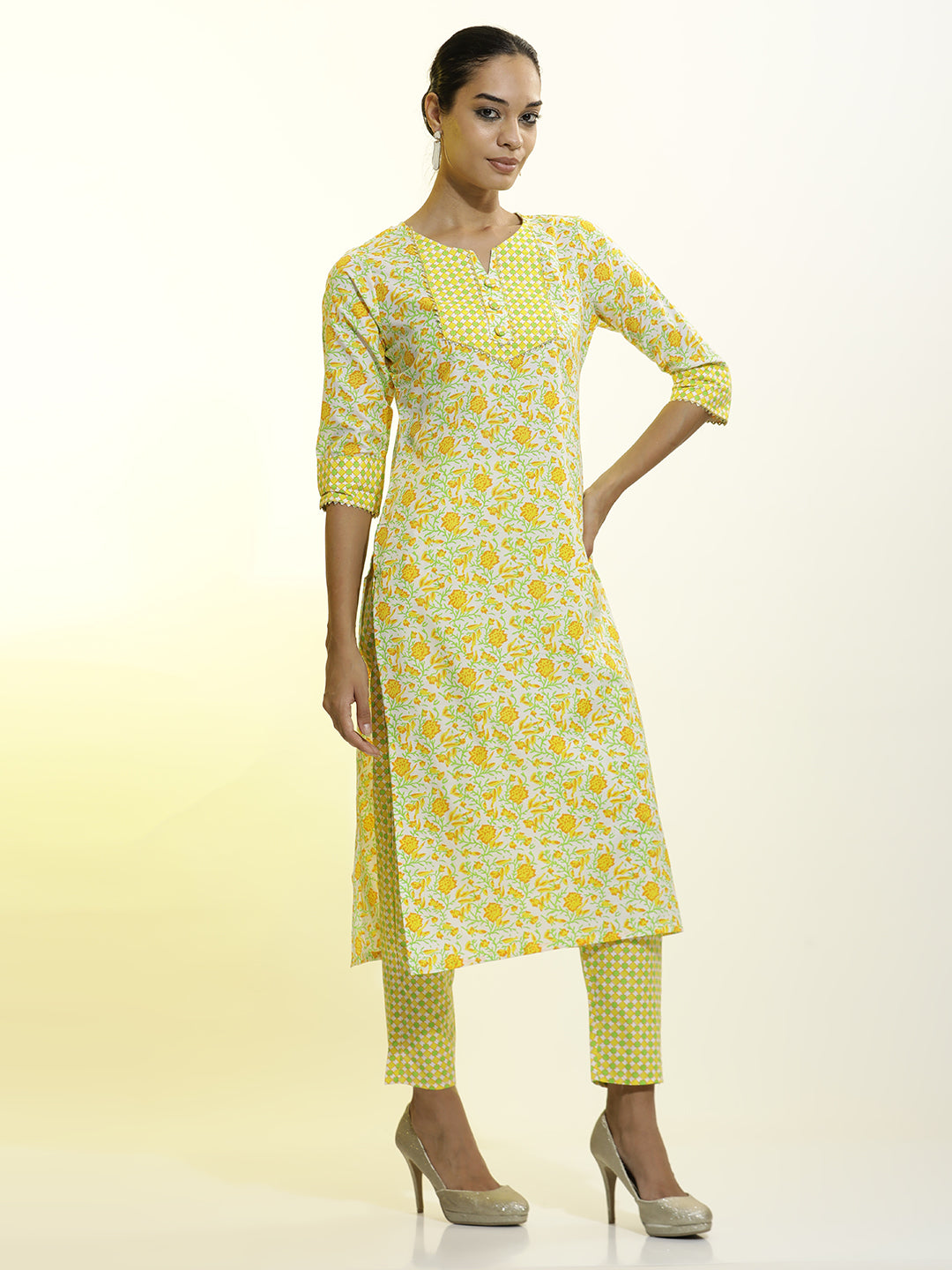 Floral Printed Cotton Blend Yellow Kurta Set