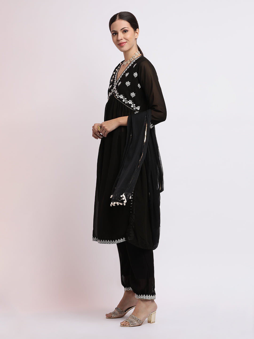 Black Embroidered Georgette Kurta Set With Dupatta