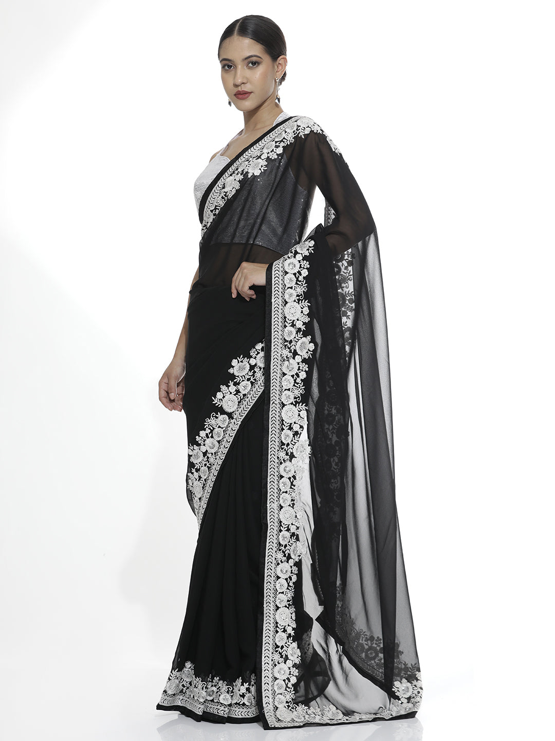 Pure Georgette Embroidered Black Saree