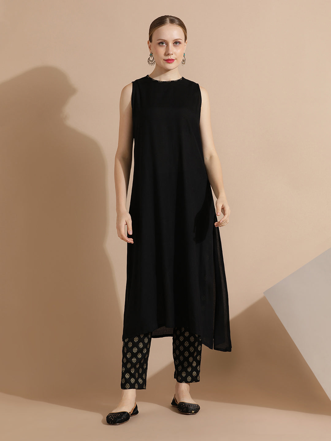 Black Rayon Kurta With Printed Pants