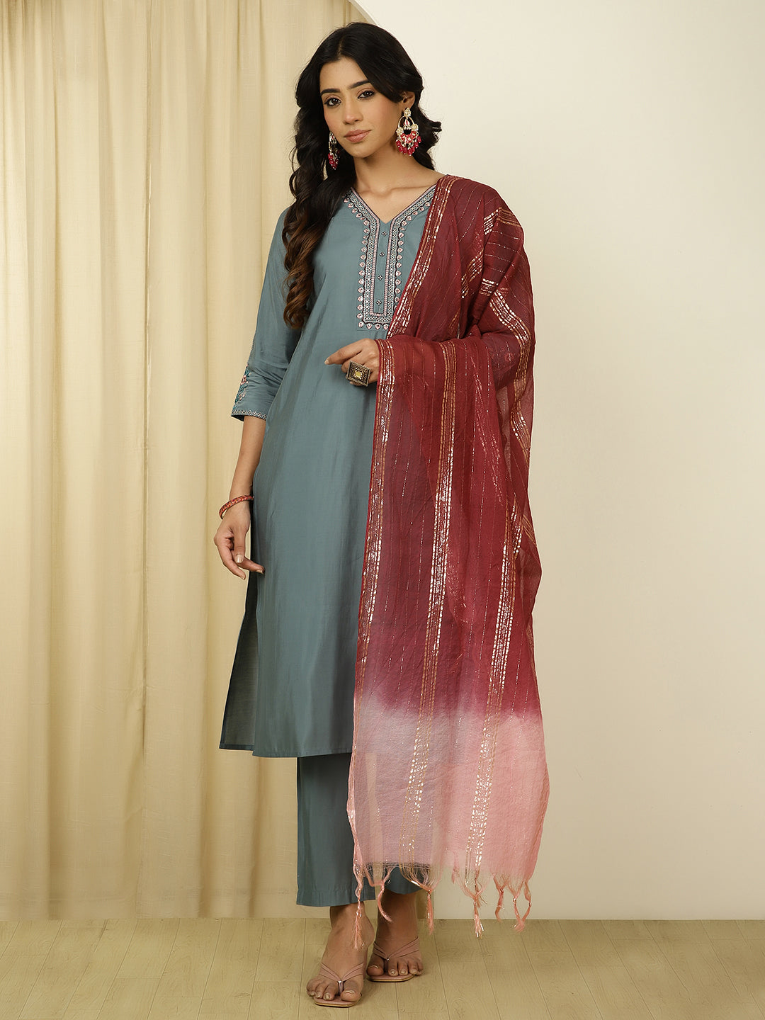 Silk Blend Grey Embroidered Suit Set