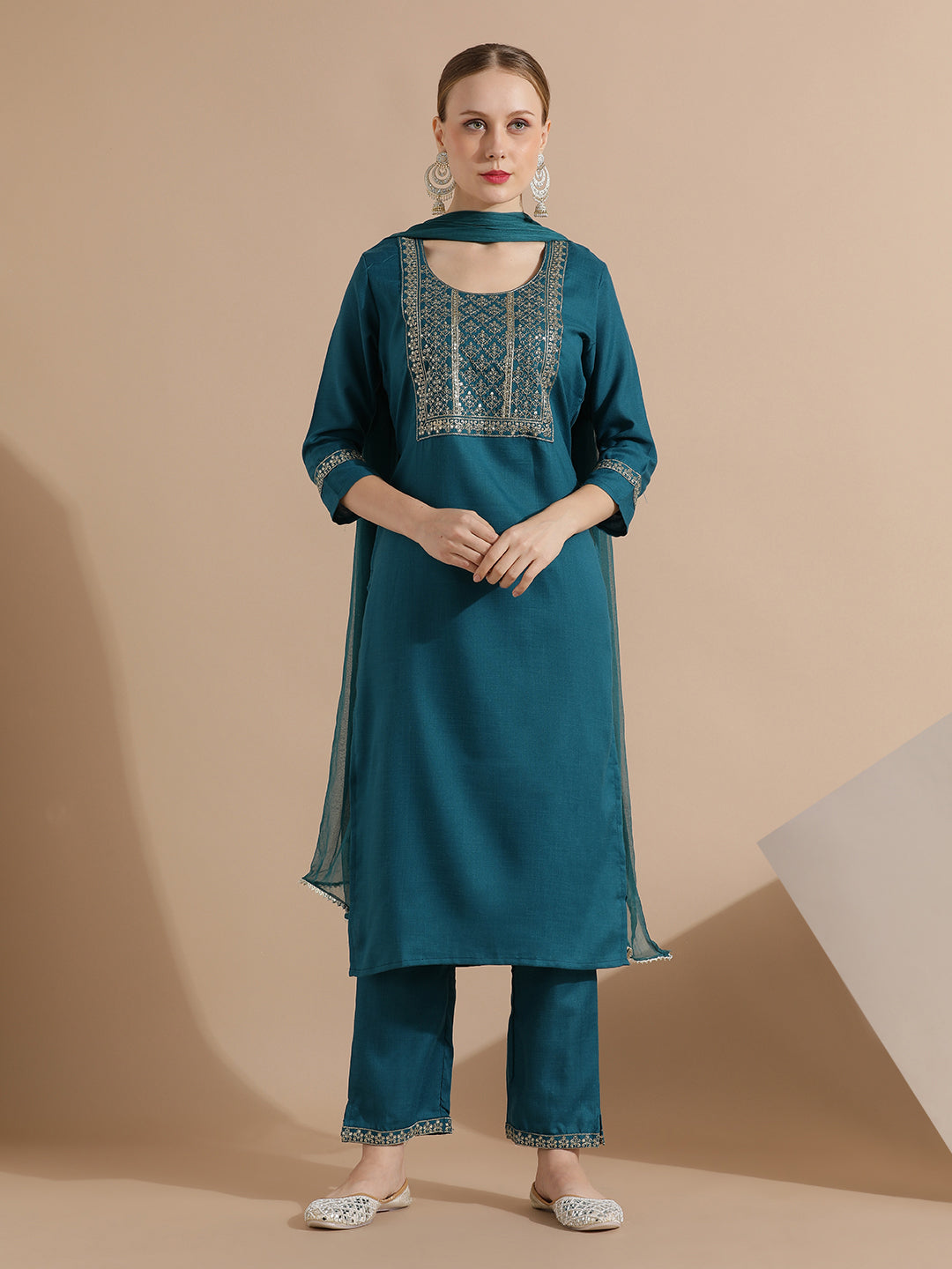 Rama Embroidered Cotton Blend Kurta Set With Dupatta