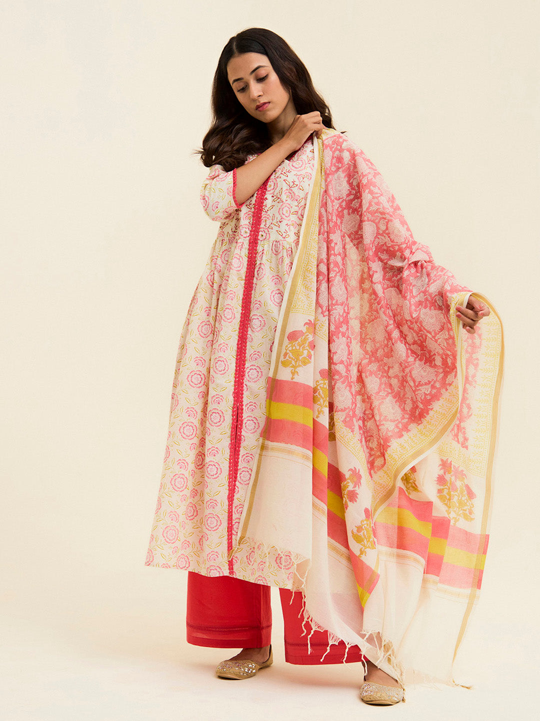 Coral Cotton Handblock Printed Kurta With Palazzo And Dupatta