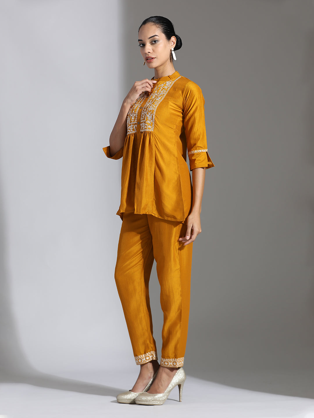 Mustard Chinon Floral Embroidered Top With Trousers Co-ord Set