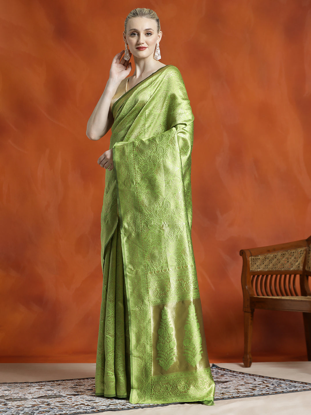 Heavy Banarasi Zari Woven Silk Blend Pista Green Saree