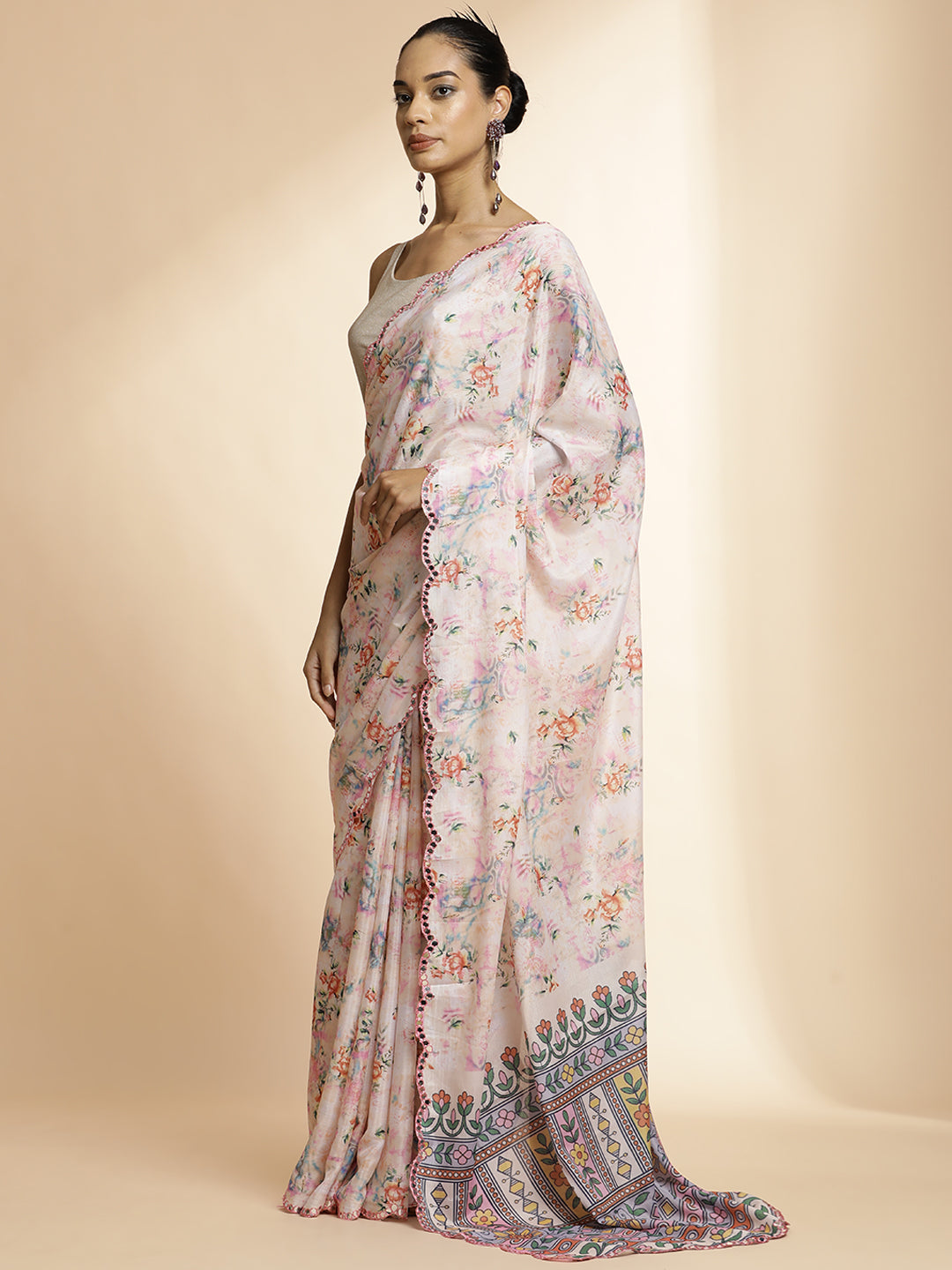 Off White Mirror Work Satin Floral Saree