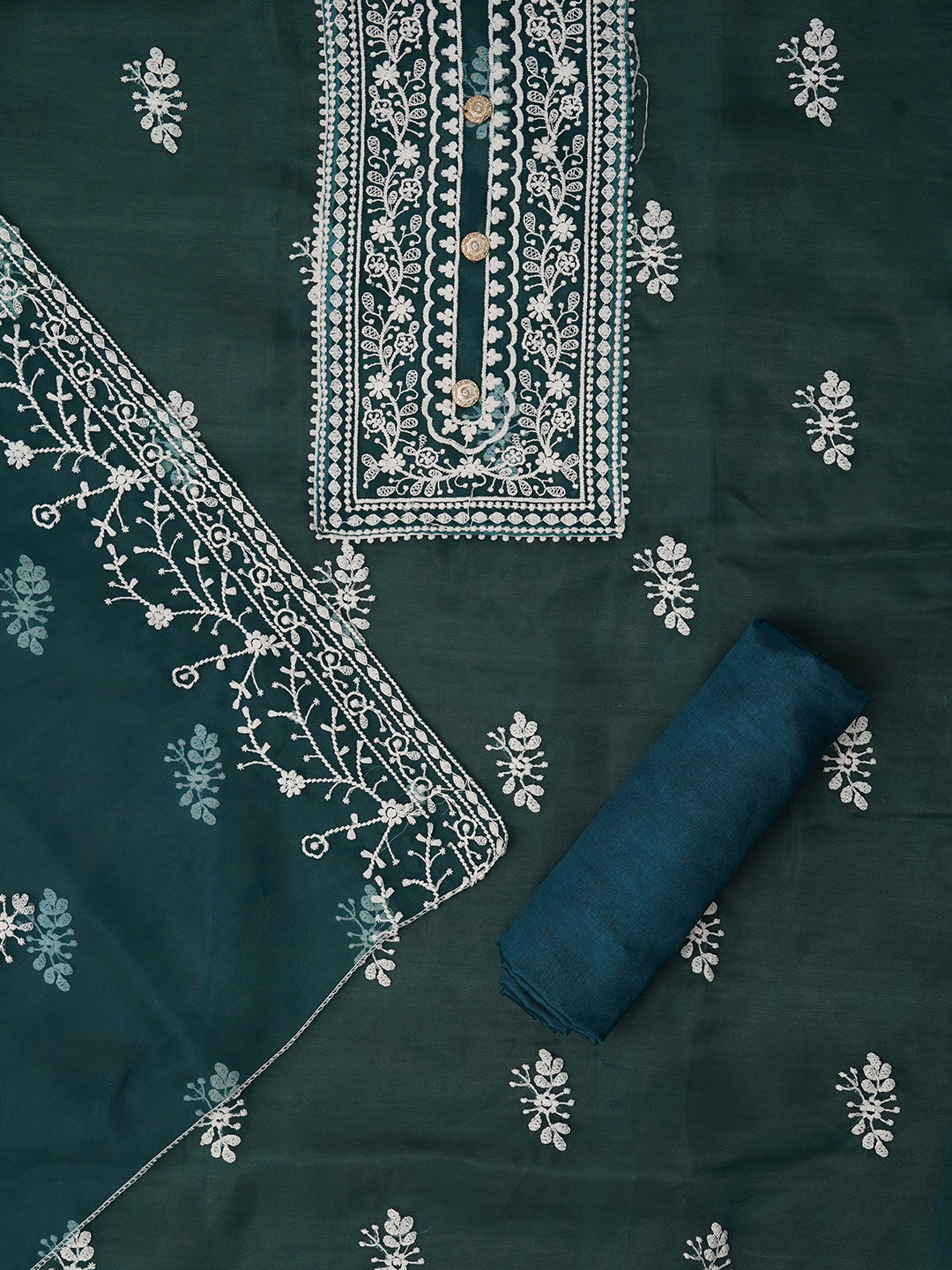 Unstitched Teal Embroidered Organza Dress Material With Dupatta