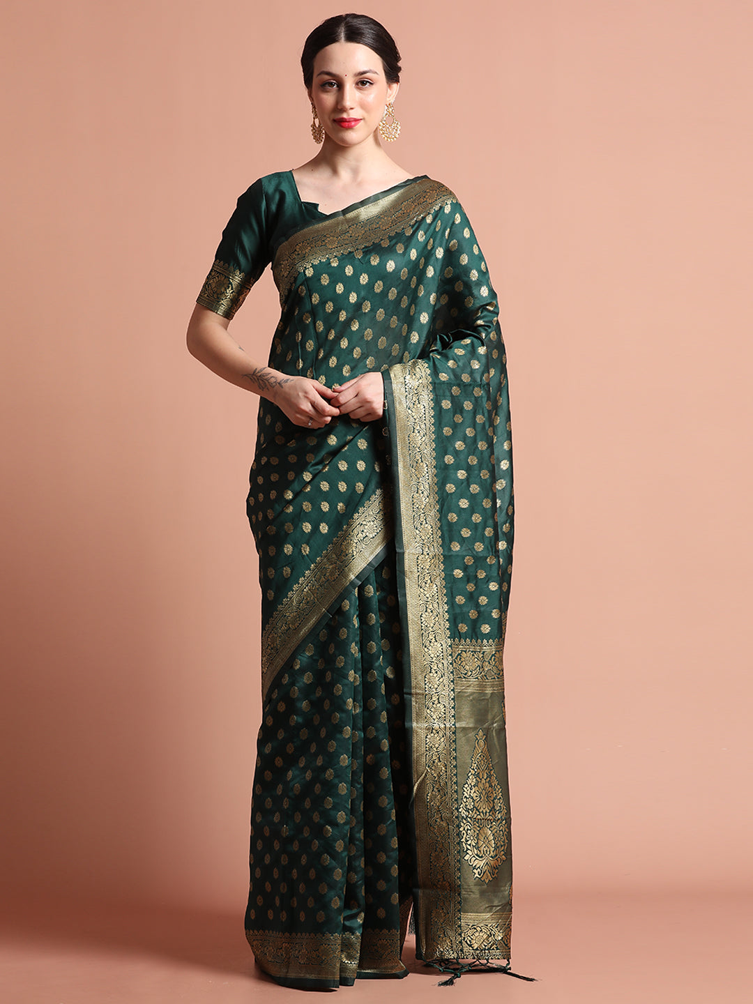 Green Heavy Banarasi Zari Woven Silk Blend Saree