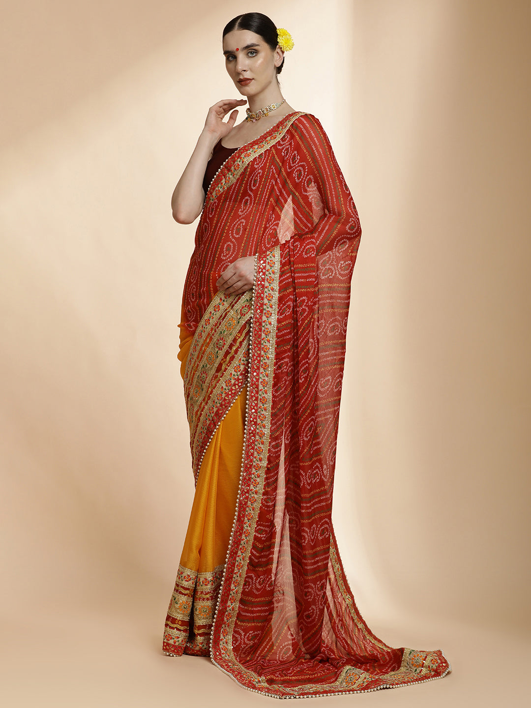 Traditional Bandhani Embroidered Red Pure Georgette Saree