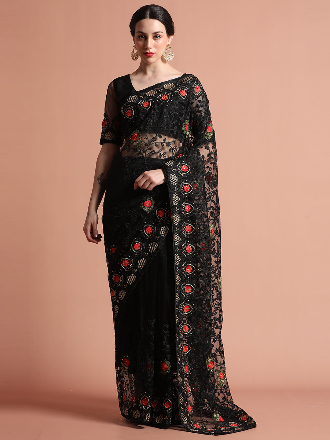 Heavy Floral Embroidered Net Party Wear Black Saree