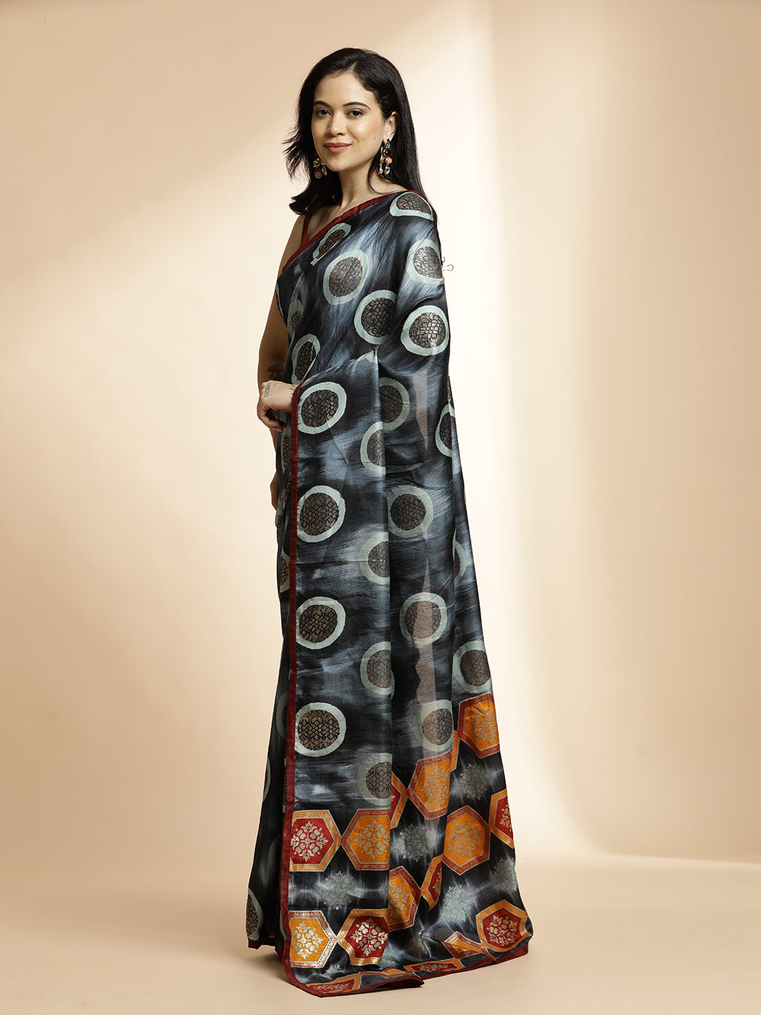 Black Art Silk Foil Printed Daily Wear Saree