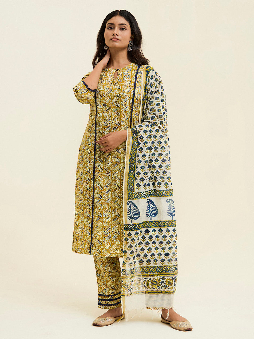 Mustard Handblock Printed Cotton Suit Set