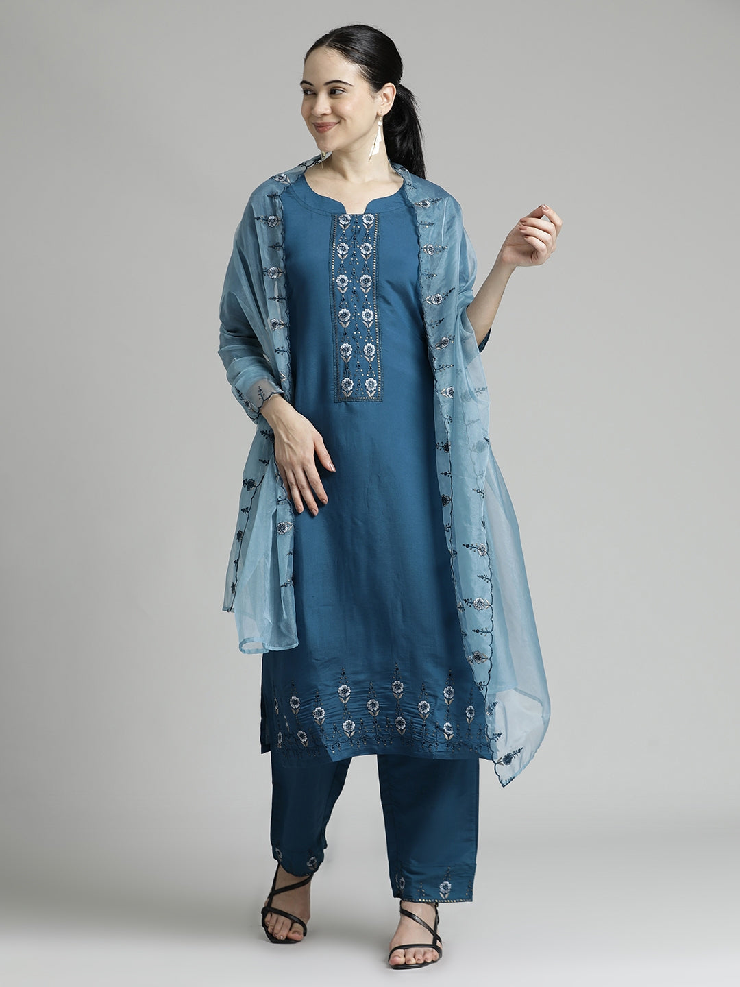 Blue Embroidered Chinon Kurta Set With Dupatta