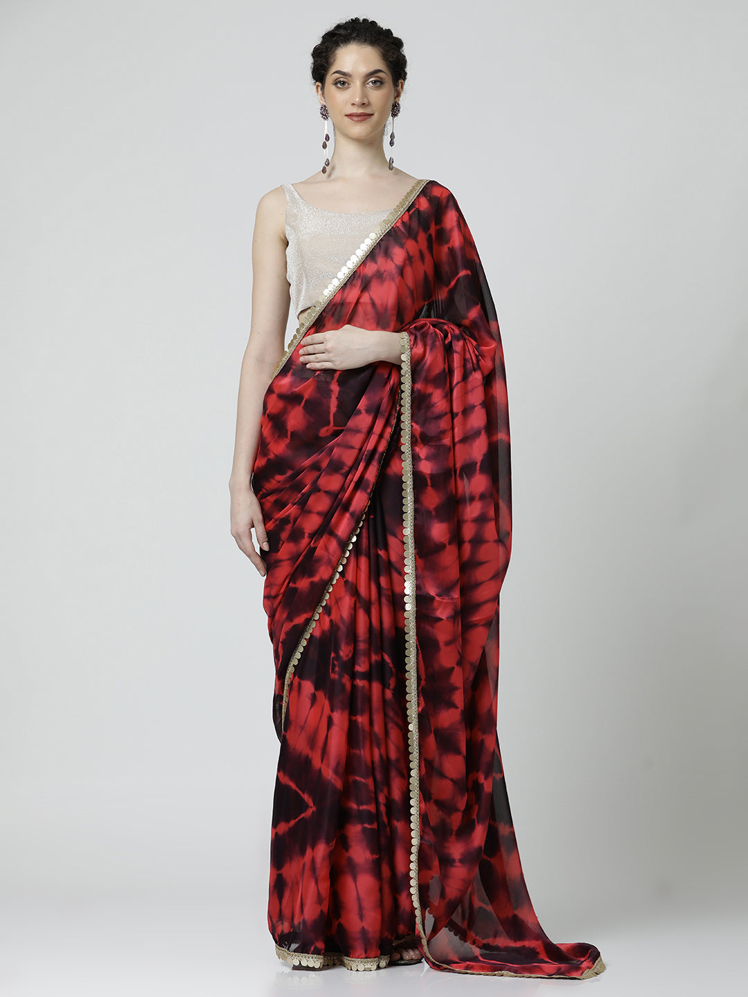 Brown Embellished Satin Tie-Dye Saree