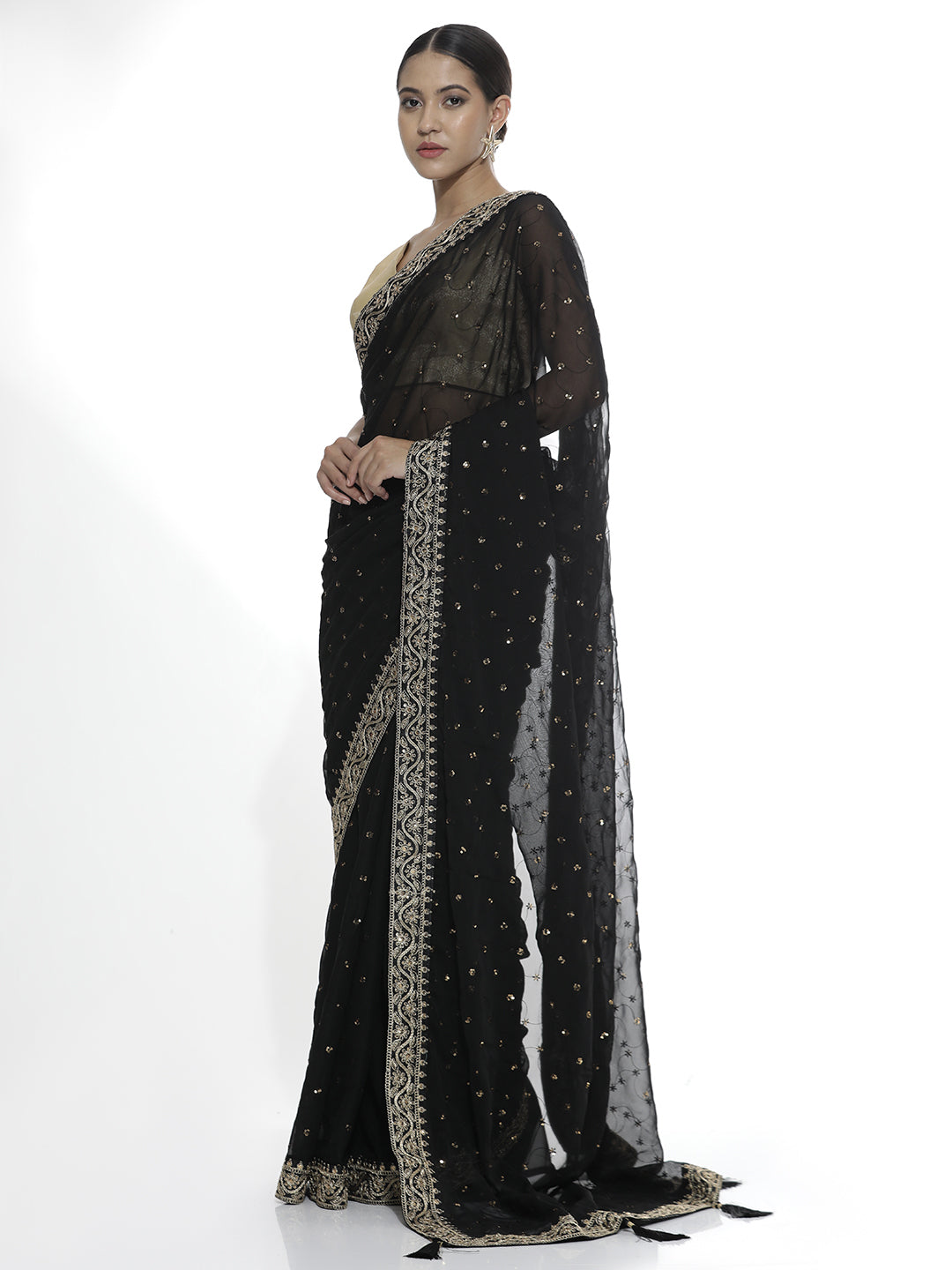 Pure Georgette Sequin Black Saree With Belt