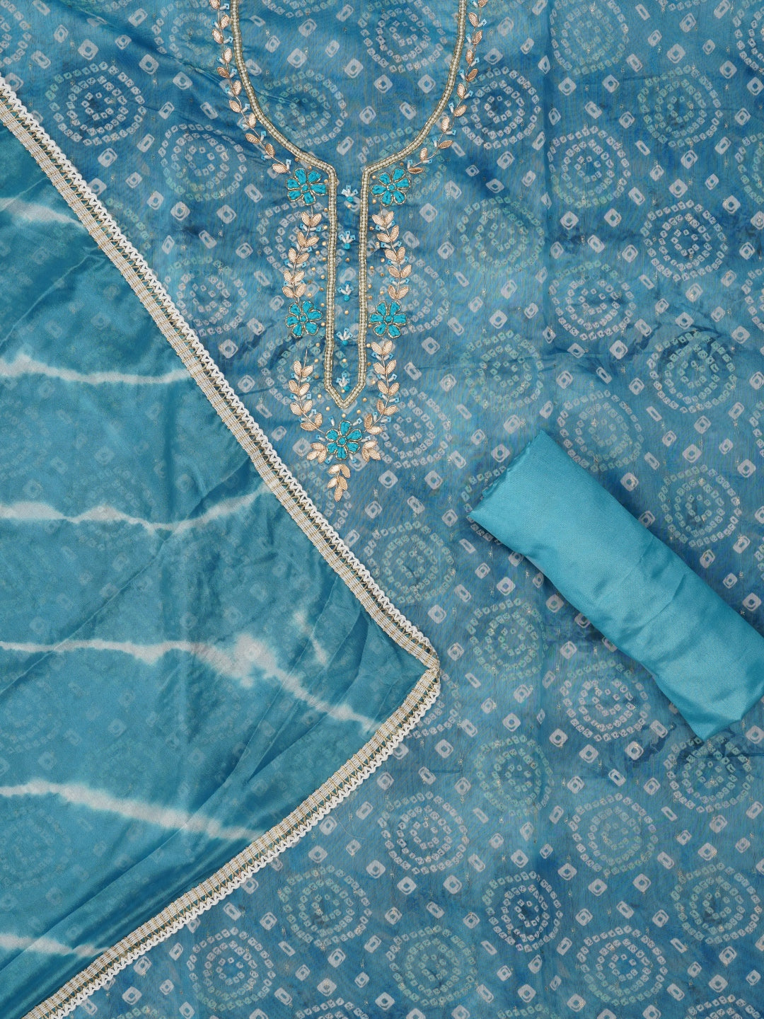 Blue Bandhani Embroidered Dress Material with Leheriya Dupatta