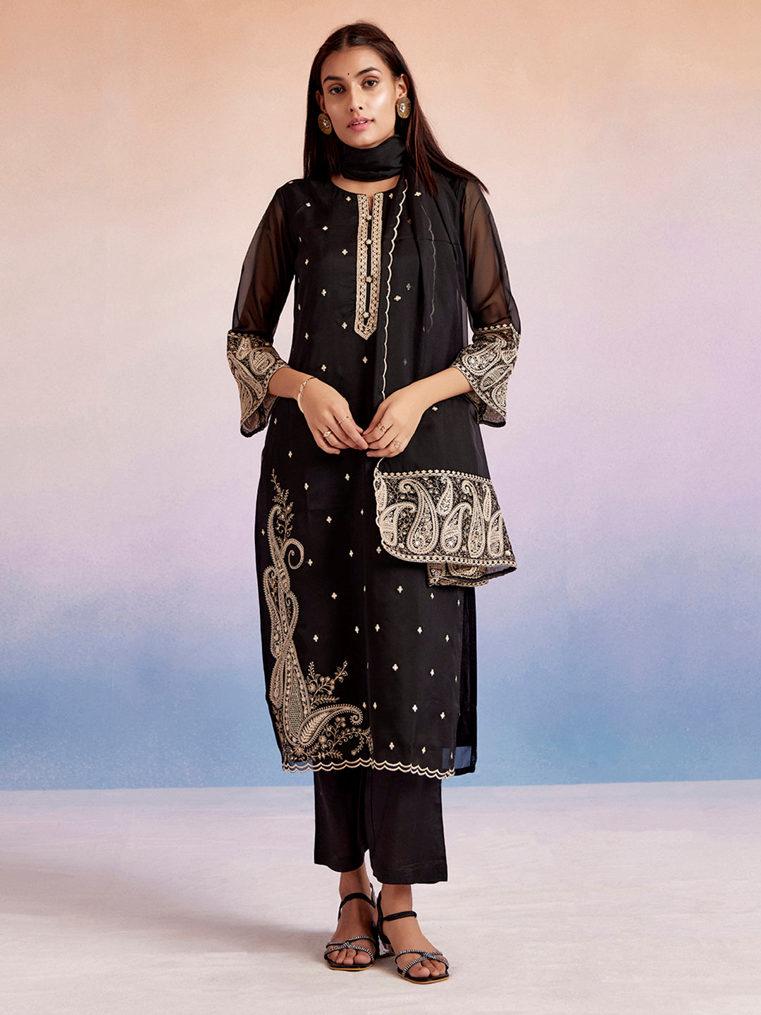 Black Paisley Embroidered Festive Suit Set