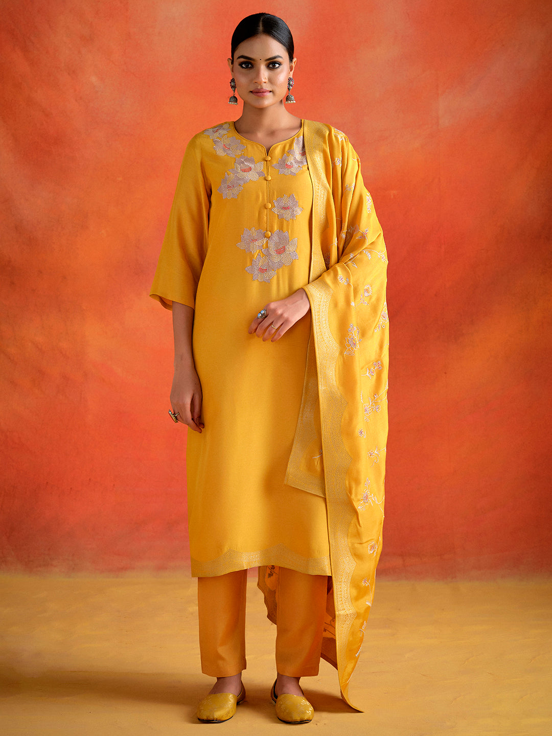 Mustard Hand Embroidered Festive Kurta Set With Dupatta