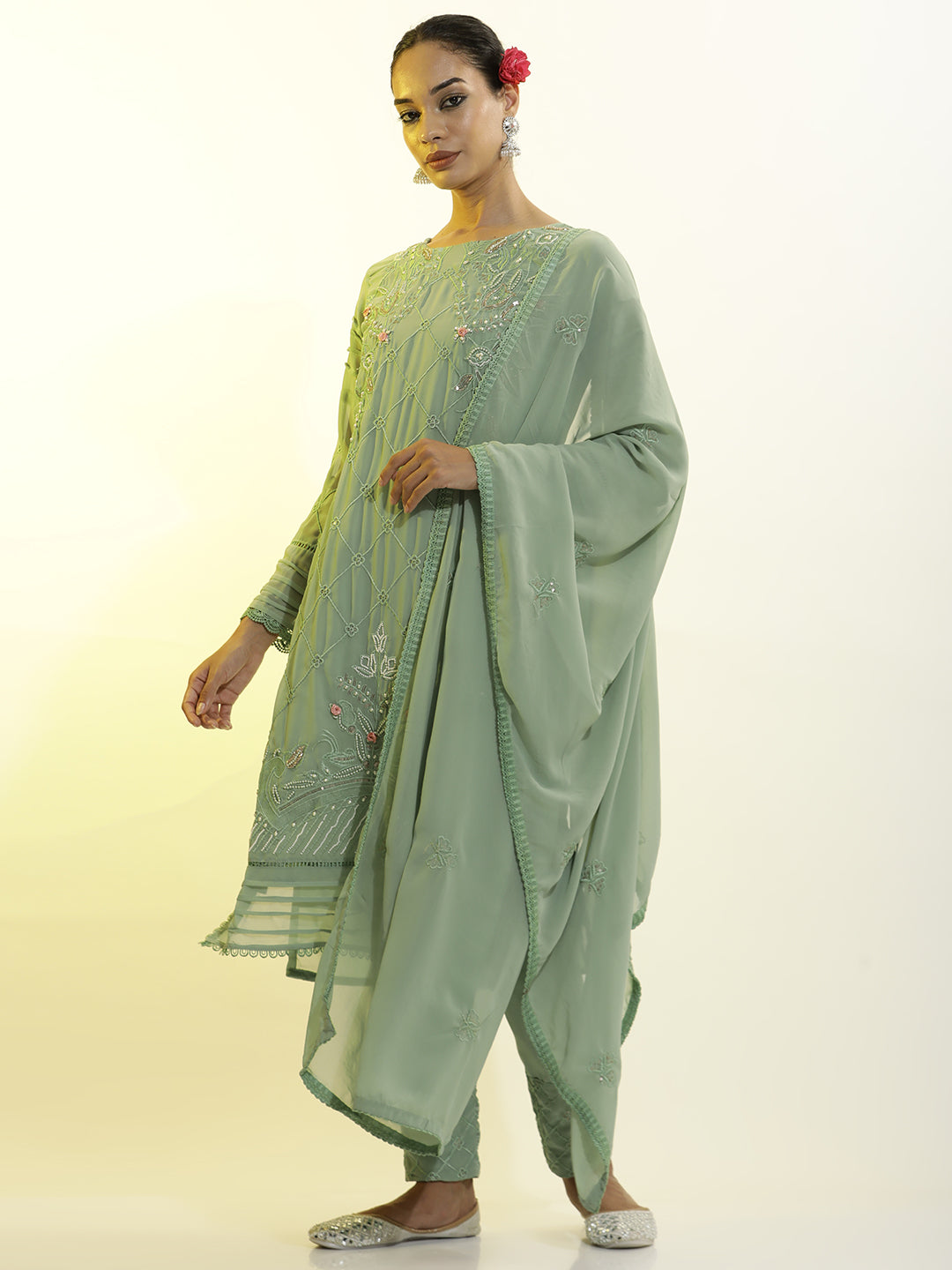 Festive Embroidered Georgette Kurta Set With Dupatta