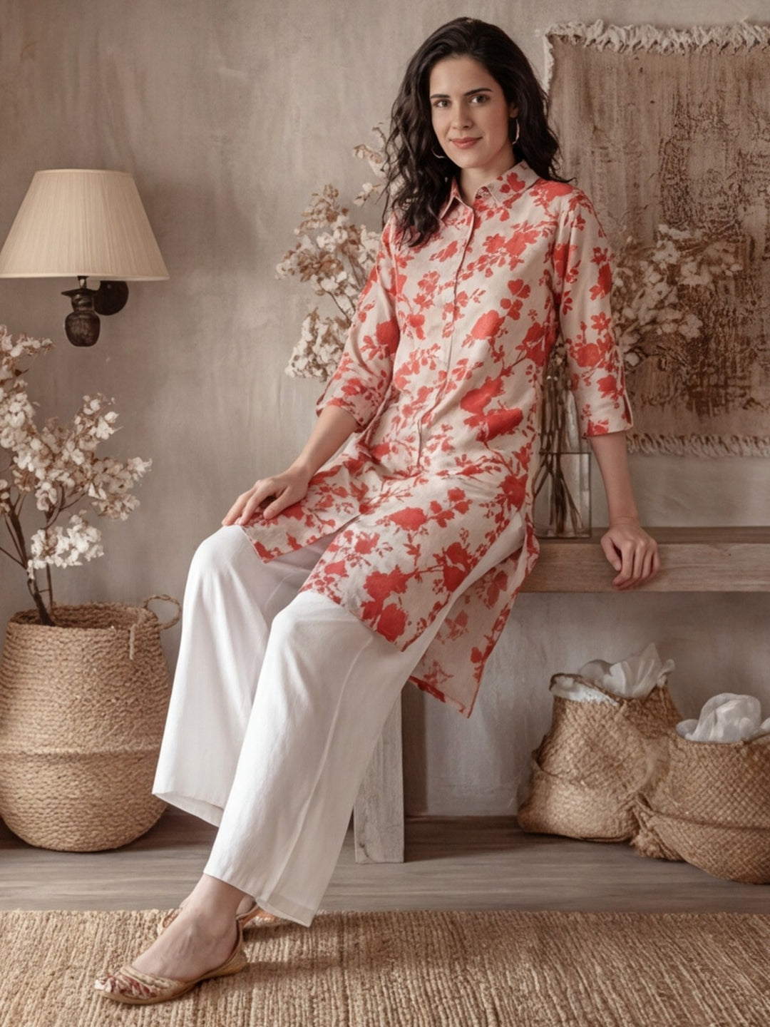 Floral Beige Collared Kurta