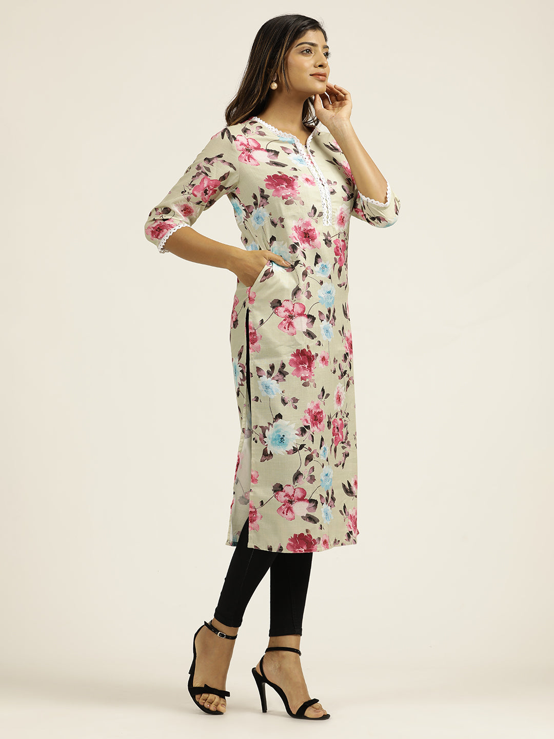 Light Green Floral Printed Straight Kurta