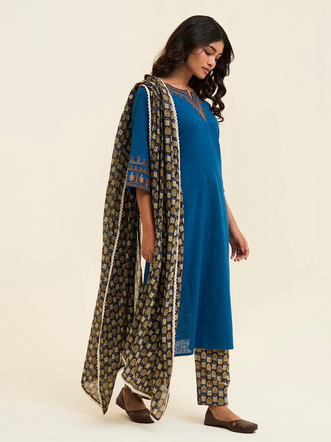 Teal Embroidered Cotton Kurta Set With Dupatta