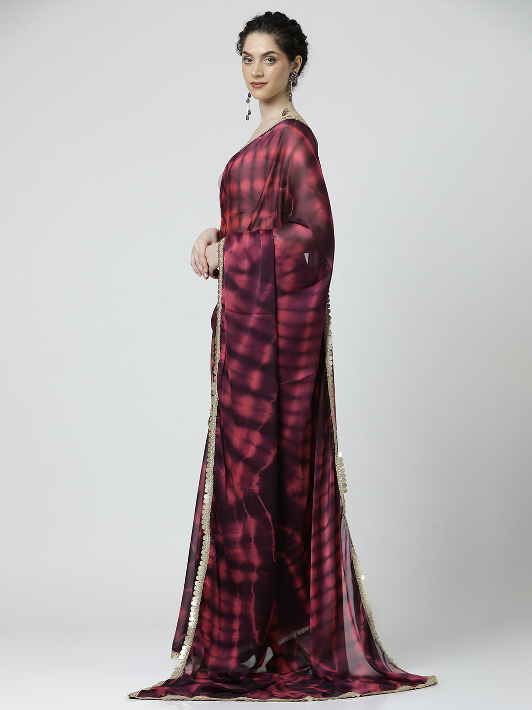 Maroon Embellished Satin Tie-Dye Saree