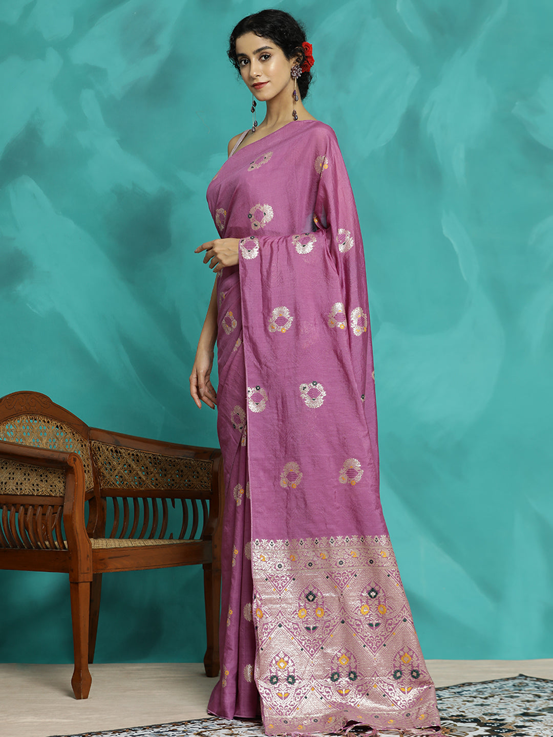 Lavender Silk Blend Party Wear Banarasi Saree