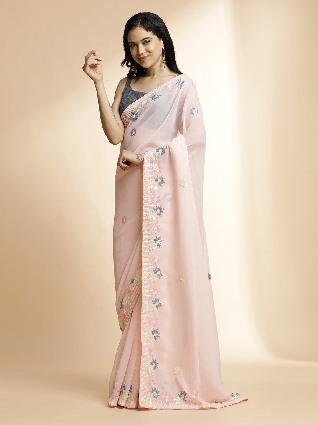 Party Wear Sequin Embellished Pink Saree