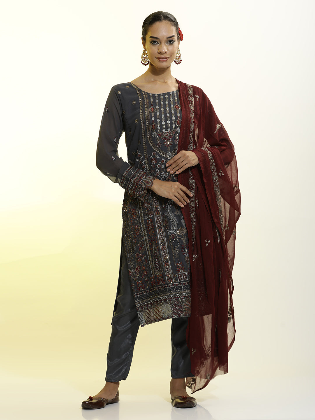 Festive Embroidered Georgette Kurta Set With Dupatta