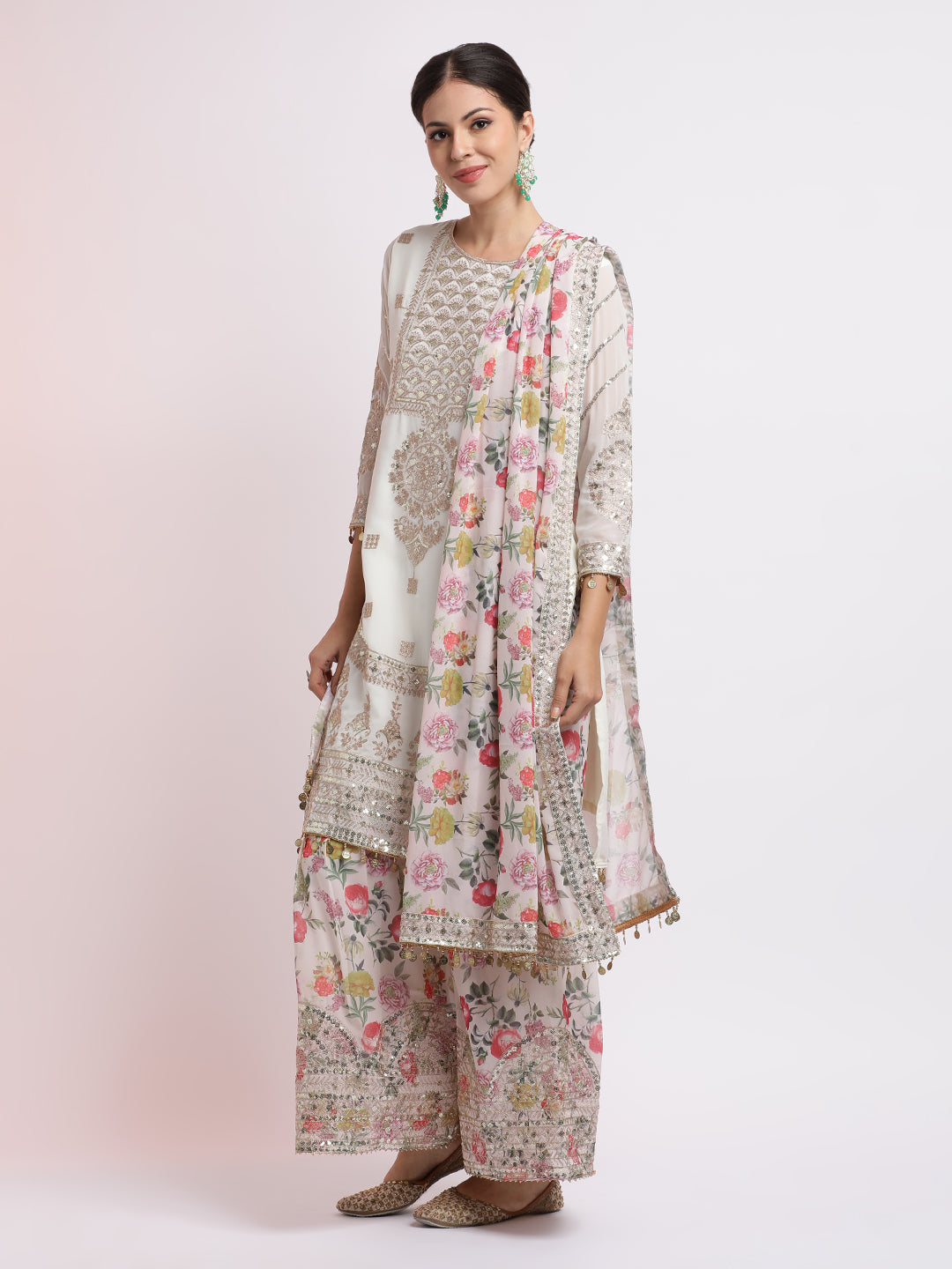 White Zari Embroidered Kurta With Floral Sharara And Dupatta