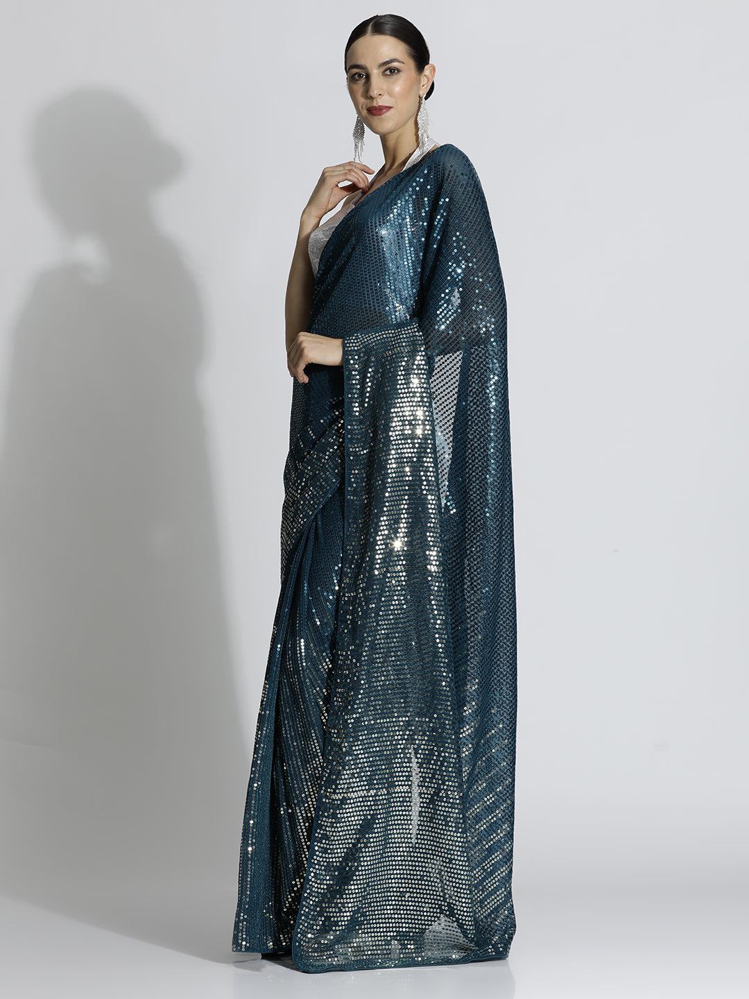 Morpich Sequin Embroidered Party Wear Tissue Saree