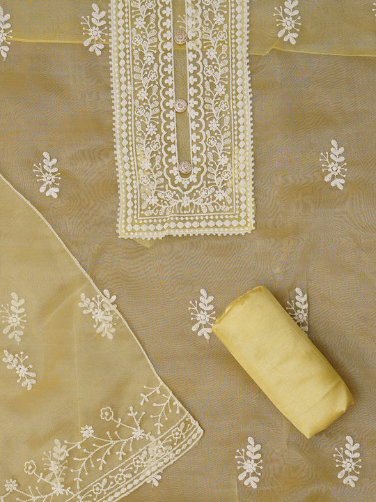 Unstitched Yellow Embroidered Organza Dress Material With Dupatta