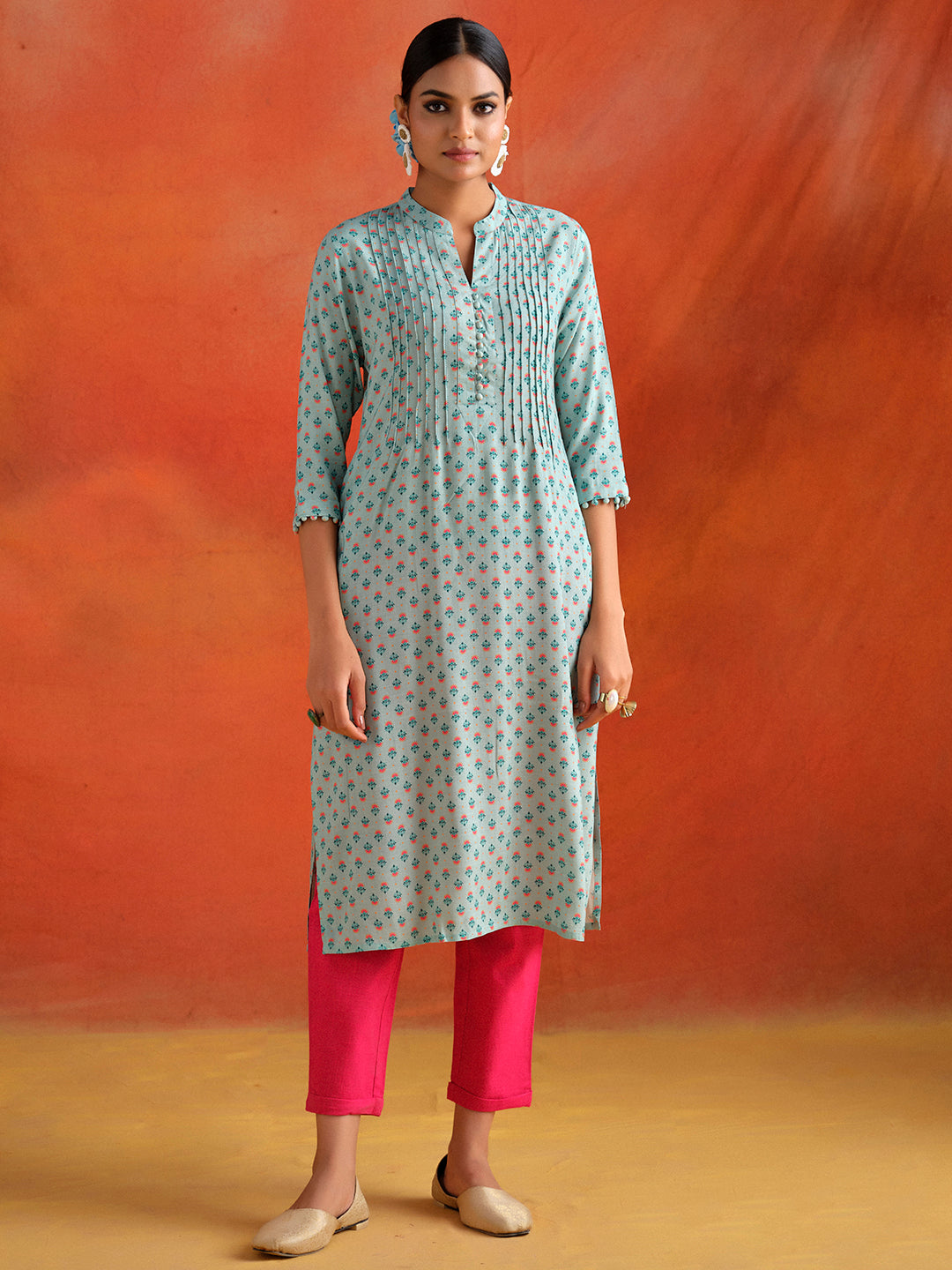 Blue Ethnic Motif Printed Straight Kurta