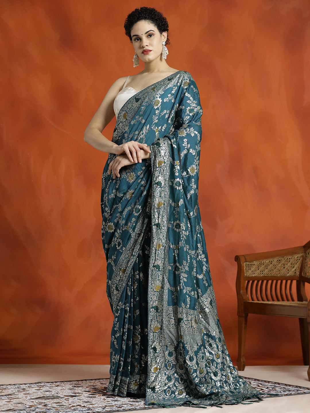 Teal Heavy Banarasi Zari Woven Teal Silk Blend Saree