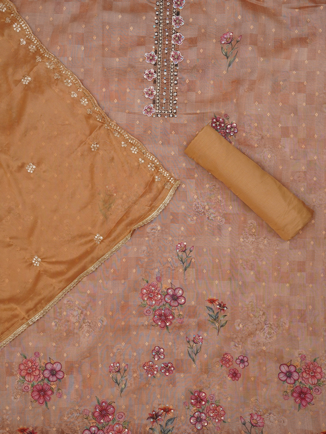 Floral Beige Printed Embellished Cotton Dress Material with Dupatta